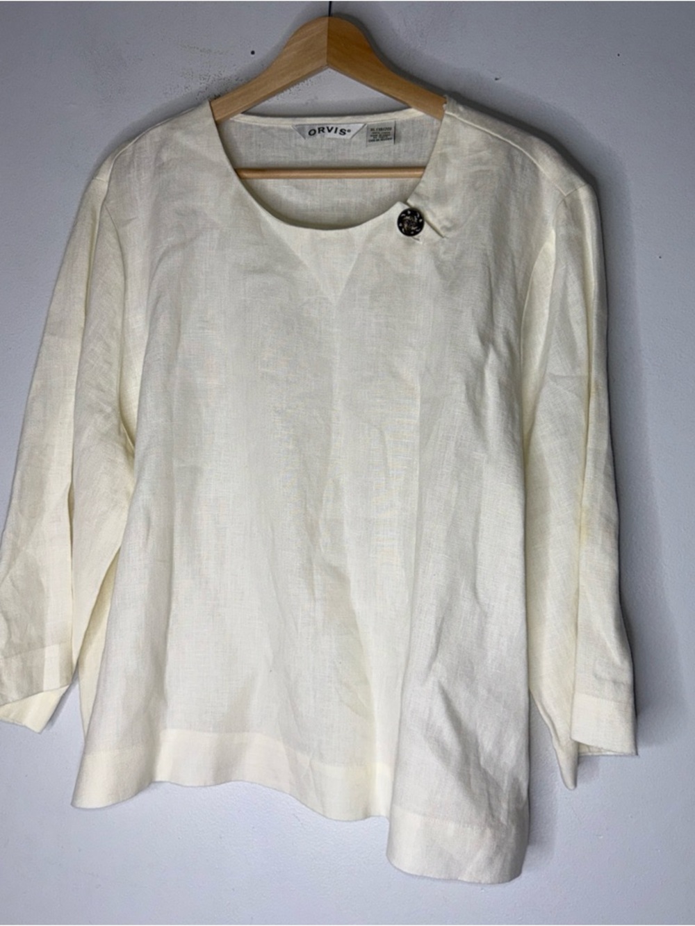 Orvis Cream Linen 3/4 Sleeve Button Neck Detail Round Neck XL